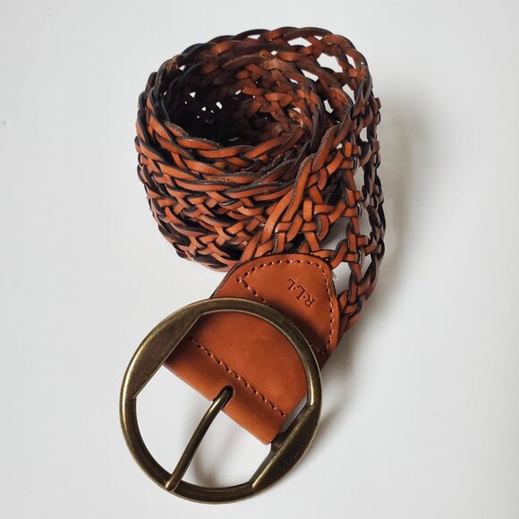 Lauren Ralph Lauren Wide Woven Brown Leather Belt Large Ring Buckle Length 38" - Picture 2 of 7
